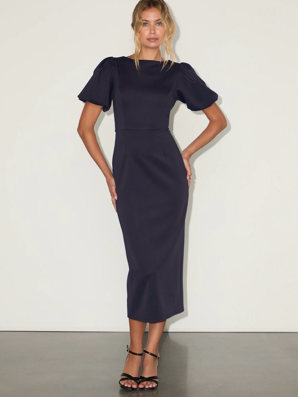 NWT Lulu’s Simply Beloved Navy Puff Sleeve Bodycon Midi Dress, XXL, Cocktail